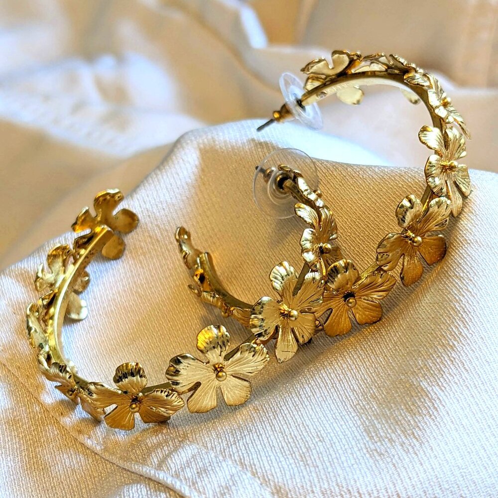 J. Crew Yellow Gold 2" Plumeria Flower Hoop Earrings